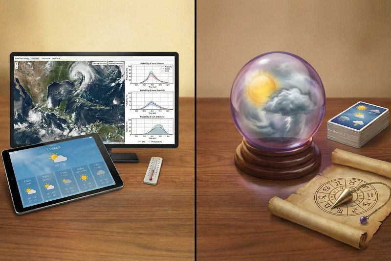 Koláž srovnávající vědeckou předpověď na tabletu a věštění z křišťálové koule