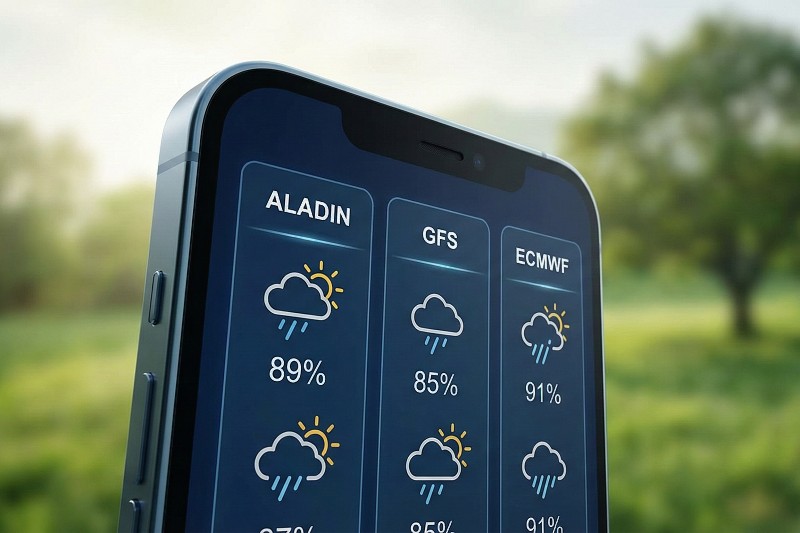 Mobilní telefon zobrazující srovnání předpovědí modelů Aladin, GFS a ECMWF