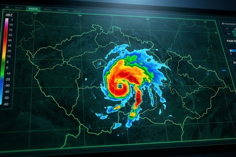 Srážkový radar zobrazující barevné pole bouřek nad mapou České republiky